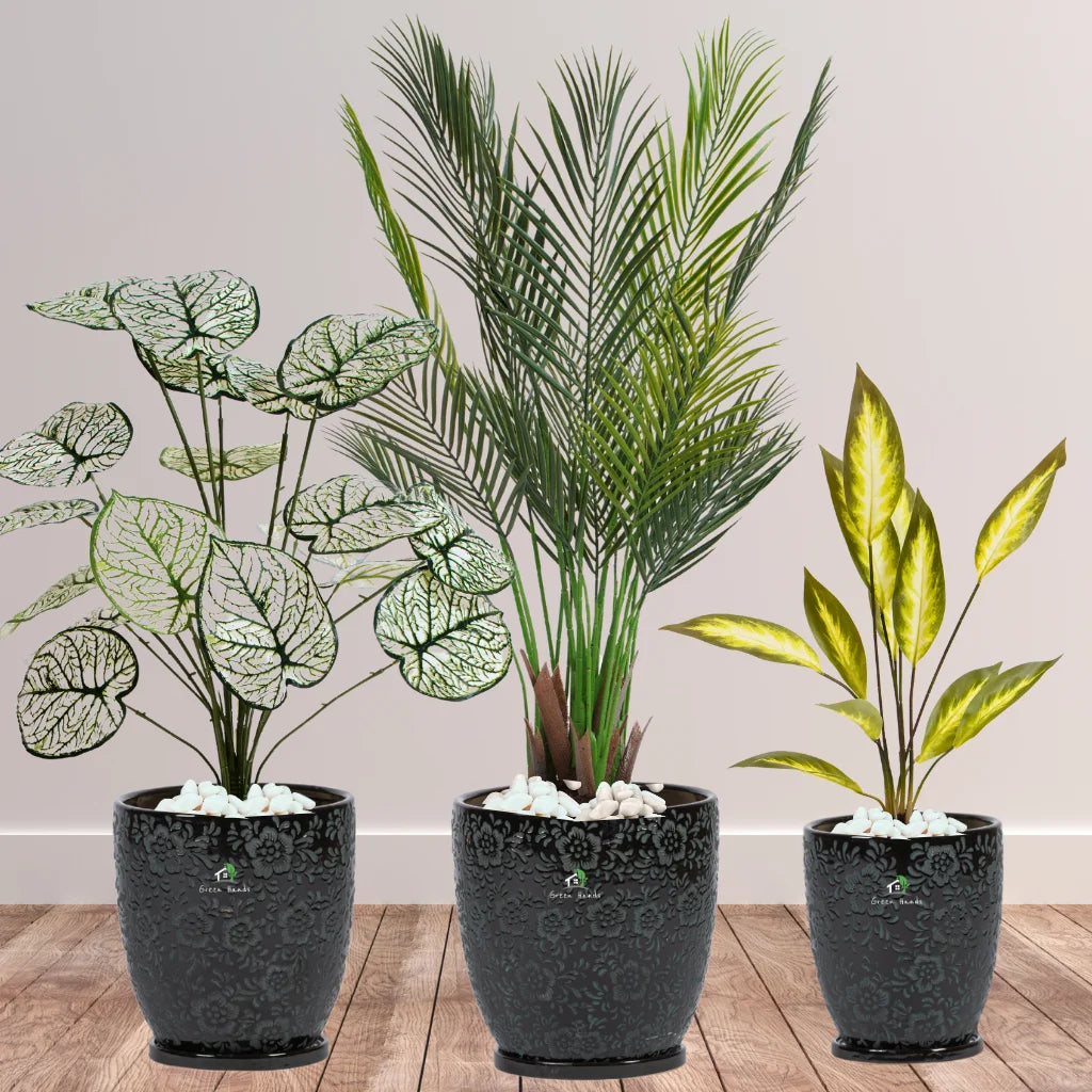 Artificial-Areca-Palm-White-Taro-Aglaonema-Plants-Bundle-Premium-Imari-Black-Floral-Ceramic-Pots