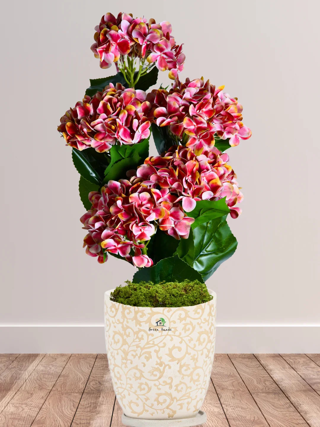 Artificial-Pink-5-Bunches-Hydrangea-Arrangement-in-Blossom-Beige-Floral-Ceramic-Pot